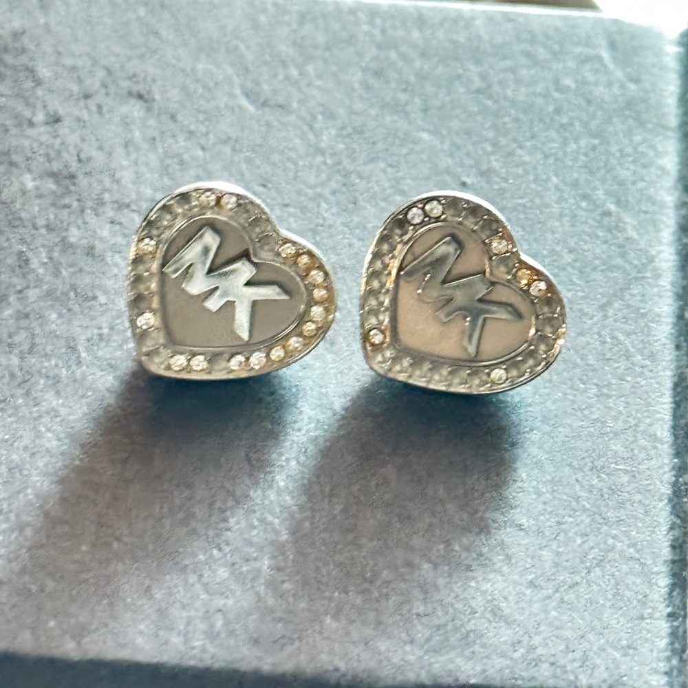 Michael Kors Silver Heart Logo Crystal-Trim Stud Earrings